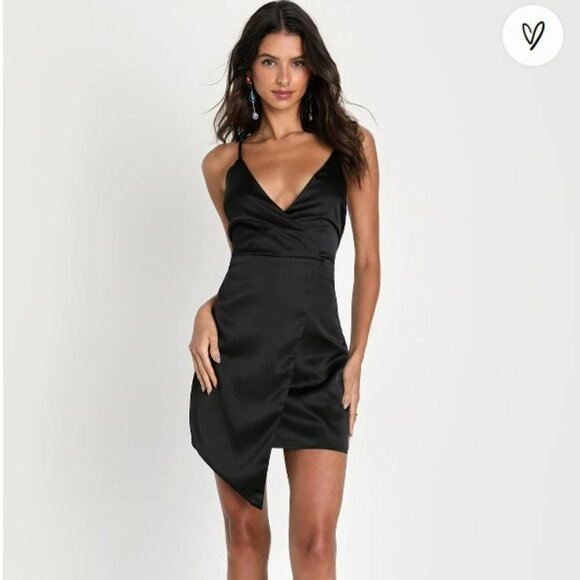 Lulu's What a Stunner Black Satin‎ Asymmetrical A-Line Mini Dress Size M - Picture 1 of 13
